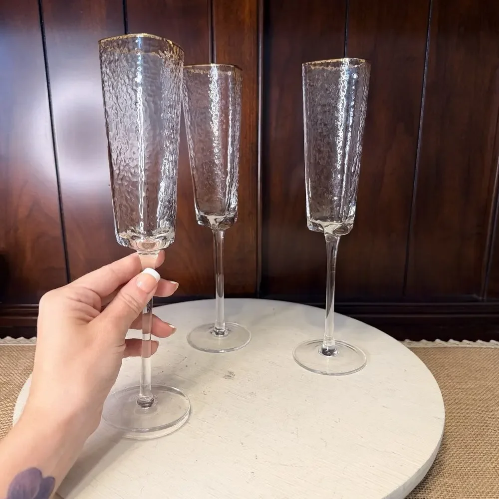 Zodax Aperitivo Triangular Champagne Flutes Hammer Gold Rims Stemware Set Of 3